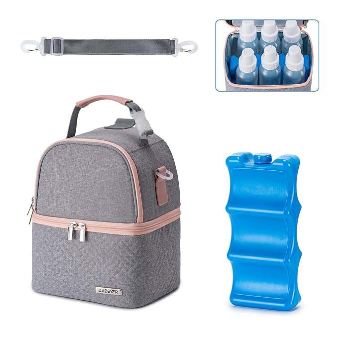Breastmilk Cooler Bag with Ice Pack Fits 6 Baby Bottles up to 9 Ounce, Breast Milk Pump Cooler Bag with Shoulder Strap for Nursing Mom Daycare, Work, Travel- Grey-CubbioJoy