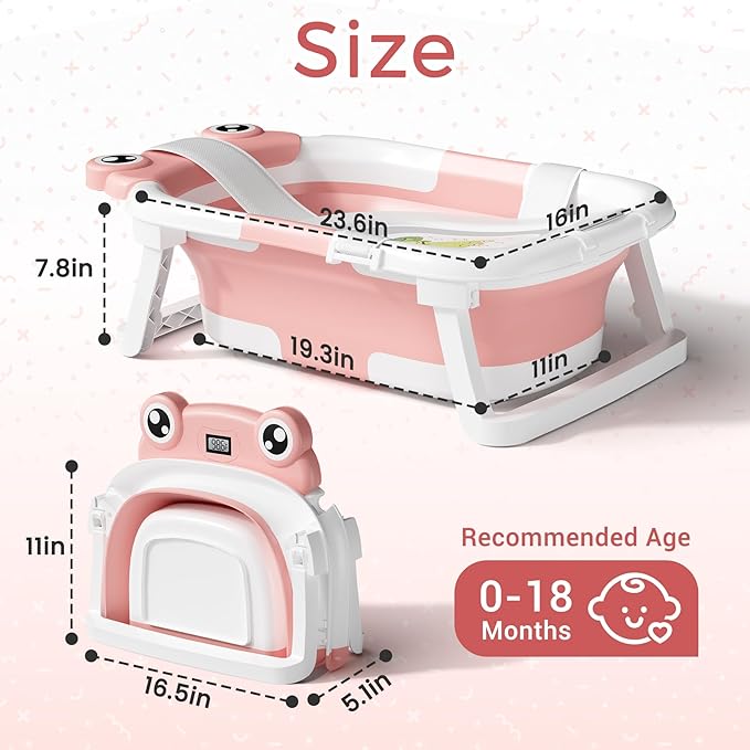 Baby Bathtub, Collapsible Newborn Bathtub for Infant to Toddler 0-24 Months with Soft Cushion and Thermometer,Portable Travel Newborn Tub with No-Slip Feet, Baby Shower Gifts,Pink-CubbioJoy