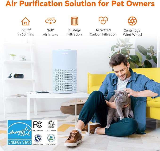 AIRROMI Air Purifier for Bedroom with HEPA 3-in-1 Filter, Pet Air Purifier for Home Cat Pee Smell, Covers Upto 990 Ft², Quiet 360° intake Air Cleaner for pet hair,allergies,Dust,Smoke A2001 Blue-CubbioJoy