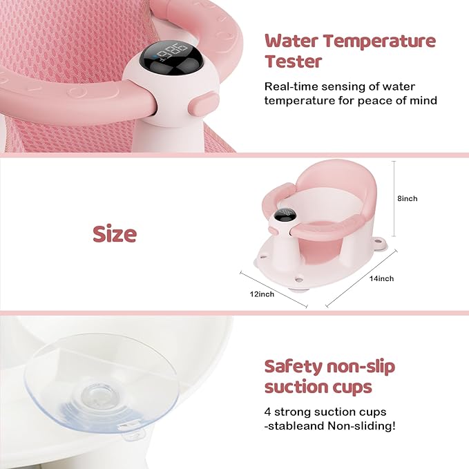 Baby Bath Seat-for Babies 6 Months & up, Water Temperature Display+Soft Cushion, Non-Slip Toddler Bath Seat for Baby, Sit Up Bath Seat for Baby, Pink-CubbioJoy