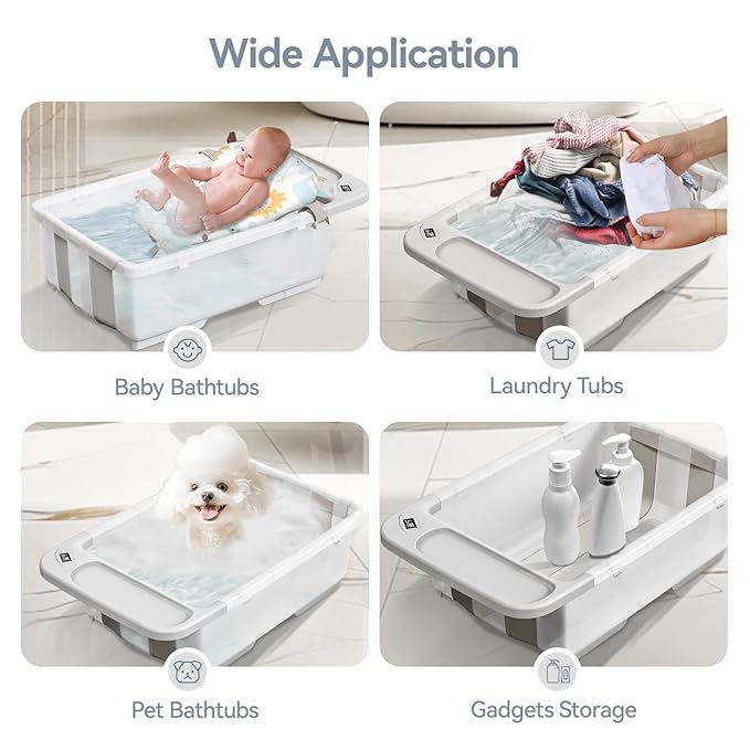 Collapsible Baby Bathtub - Large Capacity Baby Bath Tub with Thermometer & Soft Cushion | Portable Travel Newborn Infant Bathtub | Foldable Toddler Bathtub for Baby 0 to 36 Months (no Stand)-CubbioJoy