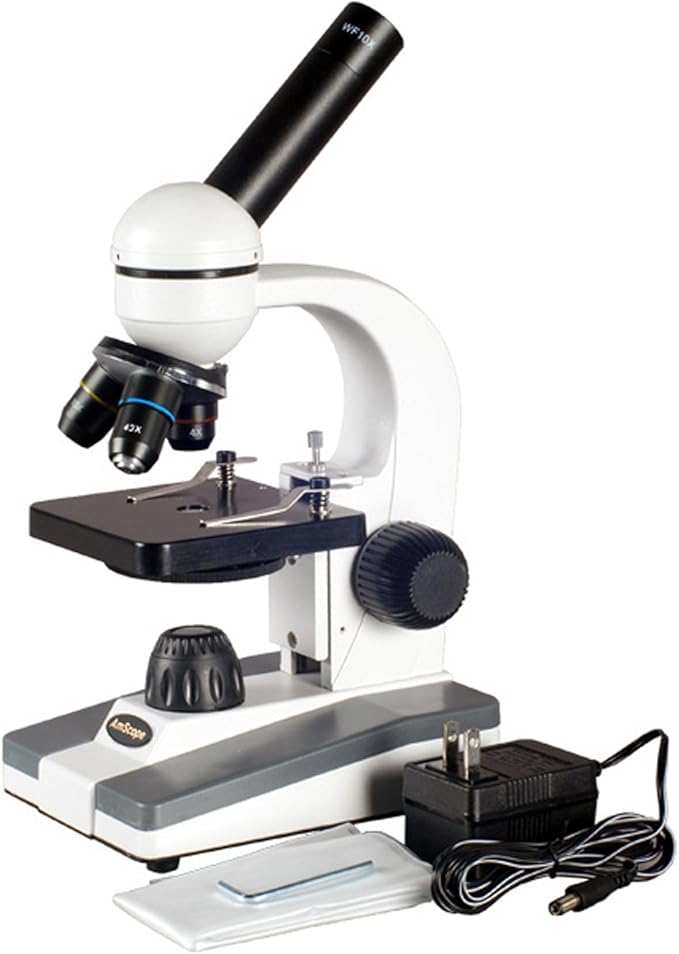 AmScope M148 Compound Monocular Microscope, WF10x Eyepiece, 40x-400x Magnification, LED Illumination, Brightfield, Single-Lens Condenser, Plain Stage, 110V or Battery-Powered, White-CubbioJoy