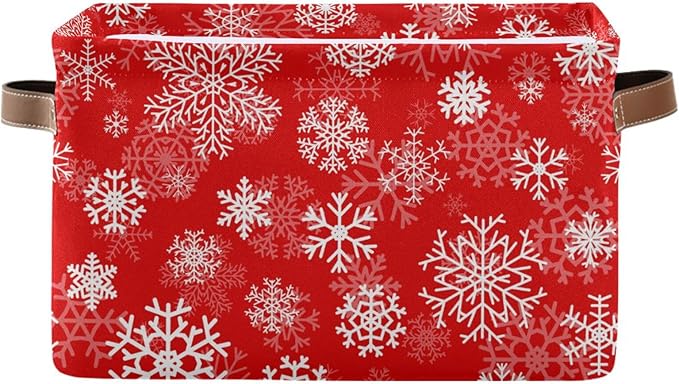Christmas White Snowflakes on Red Storage Basket Cube Storage Bins Organizer Bag Collapsible Closet Shelf Baskets with handle for Baby Cloth Pet Toy Book 14.2×10.2×8.3 IN-CubbioJoy