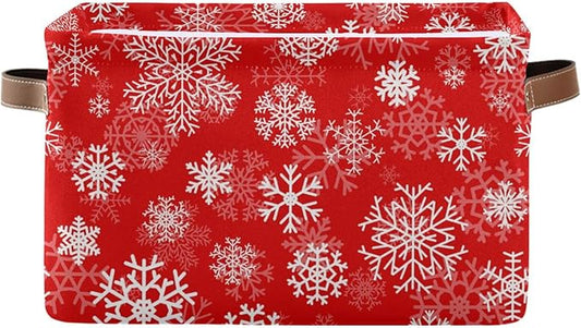Christmas White Snowflakes on Red Storage Basket Cube Storage Bins Organizer Bag Collapsible Closet Shelf Baskets with handle for Baby Cloth Pet Toy Book 14.2×10.2×8.3 IN-CubbioJoy