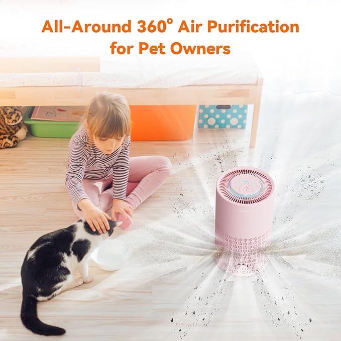 AIRROMI Air Purifier for Bedroom with HEPA 3-in-1 Filter, Pet Air Purifier for Home Cat Pee Smell, Covers Upto 990 Ft², Quiet 360° intake Air Cleaner for pet hair,allergies,Dust,Smoke A2001 Pink-CubbioJoy