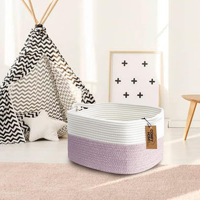 COMFY-HOMI Cotton Rope Woven Medium Basket with Handles for shelf，Cloth Storage Basket for Organizing-13.5X11X9.5 Storage Bin for Bedroom, Newborn or Infant Gift for boy girl （White/Pink）-CubbioJoy