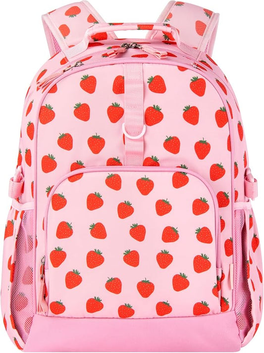 Choco Mocha Strawberry Backpack for Girls, Elementary School Backpack for Girls Ages 6-8 Kids Kindergarten Backpack Bookbag 17 Inch with Chest Strap, Red-CubbioJoy