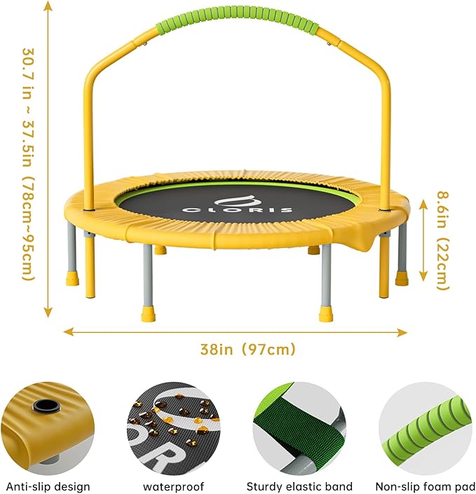 CLORIS 38in/48in Folding Trampoline - Max Load 220lbs / 450lbs Mini Trampoline Rebounder Trampoline for Adults with Adjustable Foam Handle, with safty Padded Cover Best Gift for Kids/Adult-CubbioJoy