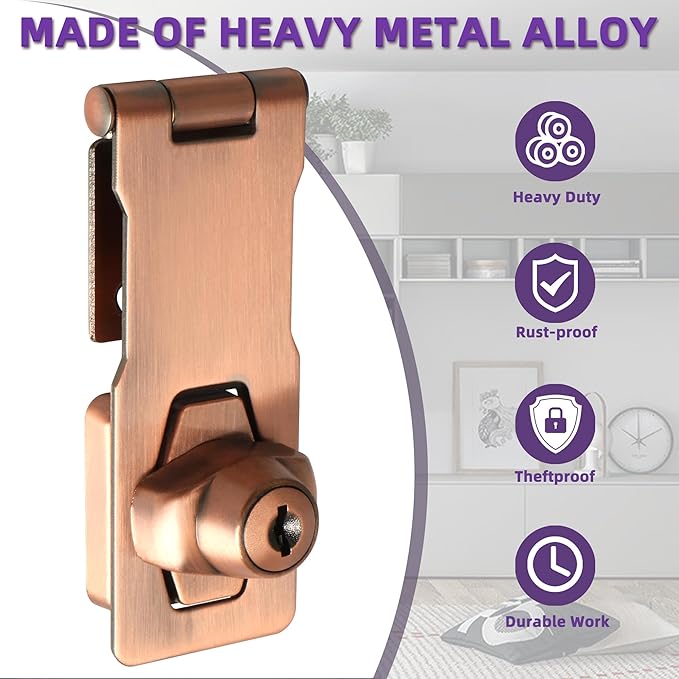 Alise Keyed Hasp Lock,4 Inch Safety Packlock Clasp Hasp Lock Latch with Lock,Door Hinge Lock with Keys Keyed Locking Hasp for Cabinets Closets Doors,Red Bronze-CubbioJoy