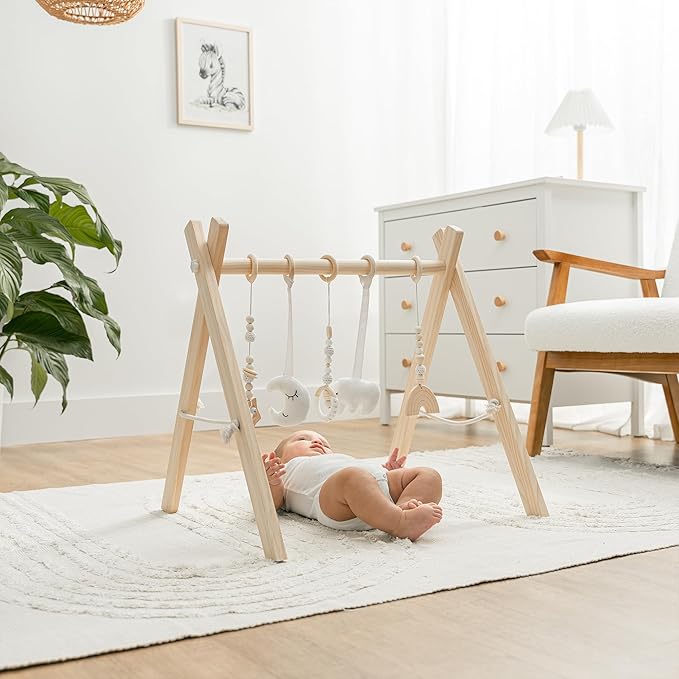 Comfy Cubs Wooden Baby Play Gym - Natural Finish Pinewood Baby Activity Gym with 5 Sensory Hanging Toys - Easy No-Tool Assembly, Safe and Durable for Infant Motor and Visual Development - Natural Wood-CubbioJoy