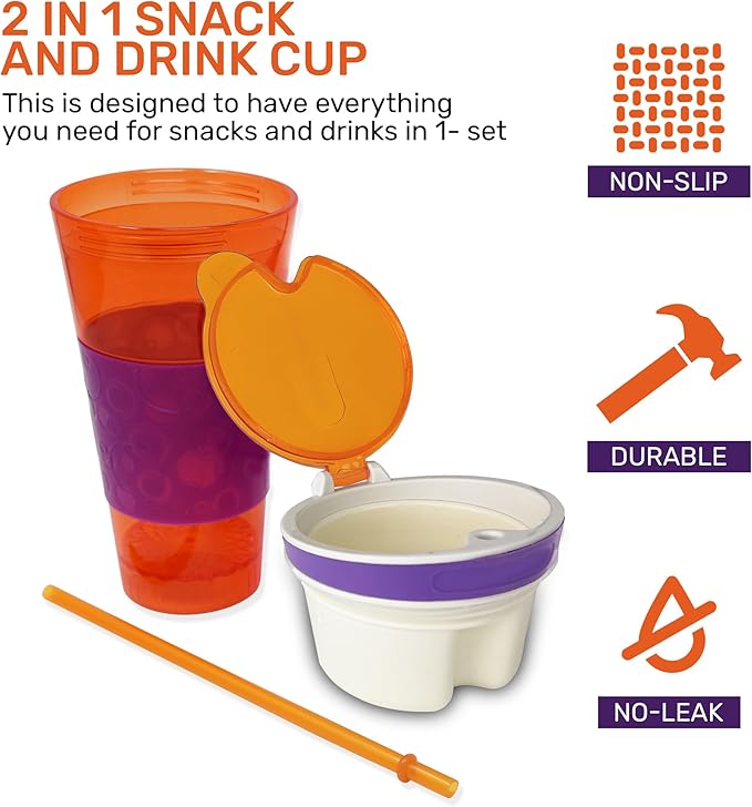 2 in 1 Snack Drink Cup Kids Spill Proof Tumbler Plastic Straw Lid Locks 16 Oz-CubbioJoy