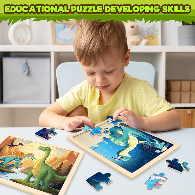 4 Packs Puzzles for Kids Ages 4-6, Wooden Dinosaur Puzzles for Toddlers Ages 2-4, Preschool Educational Dino Puzzles Boards Toys Gifts for 3 4 5 6 Boys Girls-CubbioJoy
