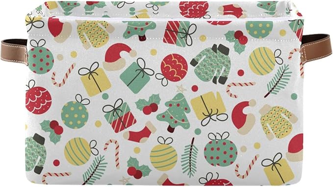 Christmas Storage Basket Tree Candy Canes Socks and Gift Storage Bins Organizer Bag Collapsible Closet Shelf Baskets Cube with handle for Baby Cloth Pet Toy Book 14.2×10.2×8.3 IN-CubbioJoy