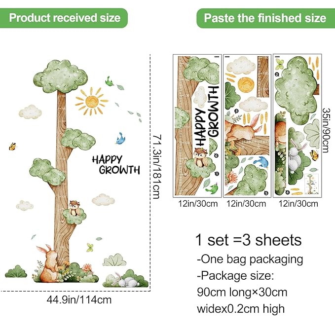 3D Cartoon Height Growth Chart for Kids Wall Stickers Removable DIY Jungle Animals and Plants Height Sticker Peel and Stick Sun White Clouds Wall Art Decor for Nursery Kids Bedroom Living Room-CubbioJoy