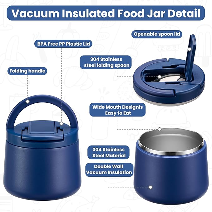 14oz Insulated Vacuum Food Jar with Buckle Lid,Soup Thermo for Hot Food Kids,Wide Mouth Leakproof Stainless Steel Lunch Container with Spoon-Blue-CubbioJoy
