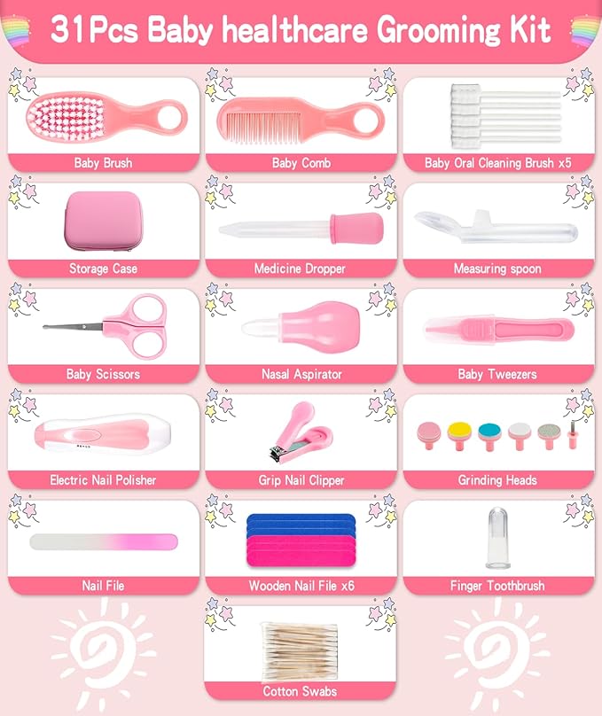Baby Grooming and Healthcare Kit, Portable Baby Safety Care Set with Hair Brush Comb Nail Clipper Nasal Aspirator for Nursery Newborn Infant Girl Boy (32 in 1, Pink)-CubbioJoy