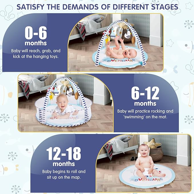 Activity Gym, Baby Play Gym Mat for Toddlers, 0-18 Months Tummy Time Play Mats, Infant Play Gym with Detachable Toys for Sensory Exploration and Motor Skill Development, PM2406-CubbioJoy