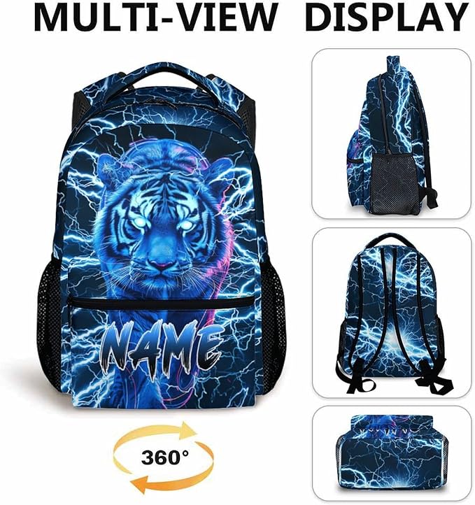 Boys School Backpack, Personalized Tiger Backpacks with Name for Kids Kindergarten Primary Senior Middle, 17 Inch Durable Personalized Cool Lightning Bookbag for School-CubbioJoy