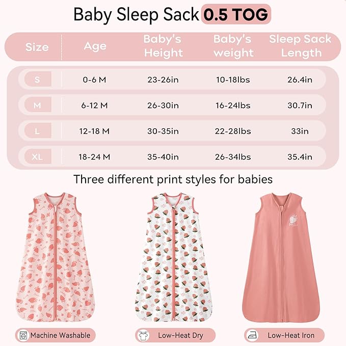Baby Sleep Sack 0-6 Months 0.5 Tog Wearable Blanket Baby, 3 Pack 100% Cotton Lightweight Sleeping Sack with 2-Way Zipper for Newborn Infant Strawberry-CubbioJoy