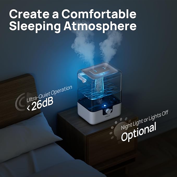 CHIVALZ 6L Humidifiers for Bedroom Large Room Home, Cool Mist Top Fill Humidifiers for Baby Nursery and Plants, 26dB Quiet, Nightlight, Up to 50 Hours, Oil Diffuser 1 Pack + 2 Mist Outlets White-CubbioJoy