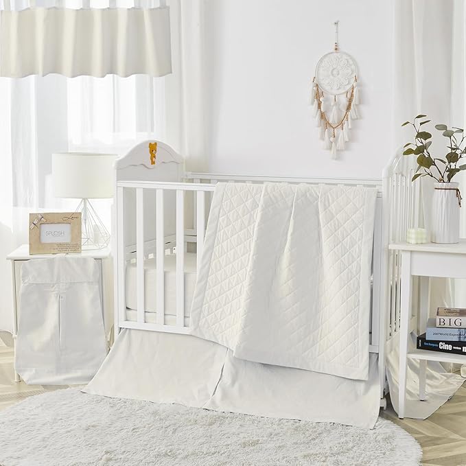 Brandream White Crib Bedding Set 6 Pieces Baby Nursery Collection with 2 packs Window Valance,Quilt,Crib Sheet,Dust Ruffle-100% Washed Cotton Like Linen Supersoft Classic Quilted Plaid Off White Cream-CubbioJoy