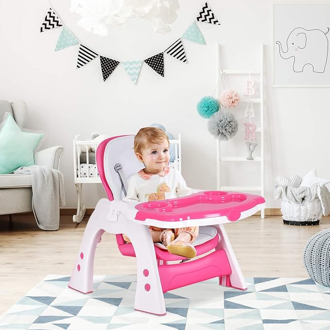 Costzon Baby High Chair, 3 in 1 Infant Table and Chair Set, Convertible Booster Seat with 3-Position Adjustable Feeding Tray, Adjustable Seat Back, 5-Point Harness (Pink)-CubbioJoy