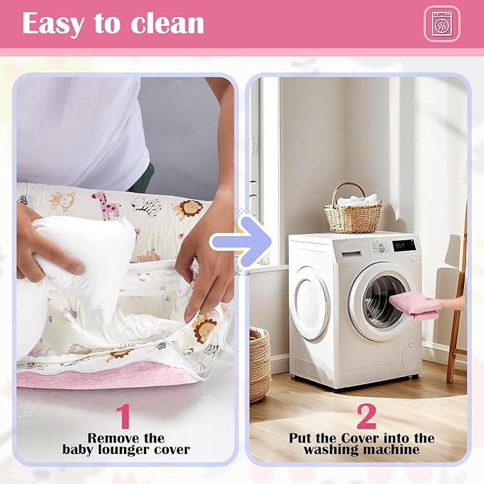 Baby Lounger for Tummy Time Portable,Baby Play mat with Strap,Newborn Lounger Inner Zipper for Boys Girls 0-24 Months,Animal World Pink-CubbioJoy