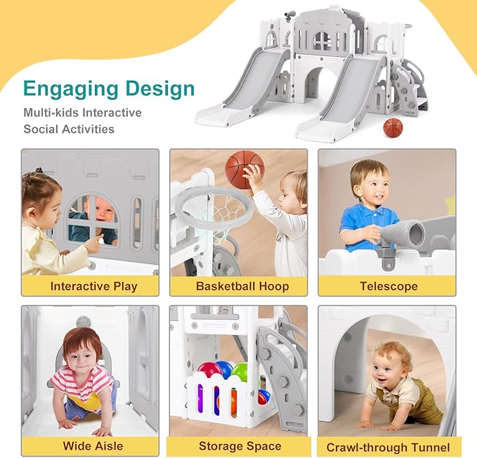 JOYLDIAS 9 in 1 Toddler Slide, Toddler Playground with Double Slides, Climber,Basketball Hoop,Tunnel, Telescope, Storage Space and Non-Slip Step, Indoor Outdoor Backyard Playset for Toddlers Age 1-3+-CubbioJoy