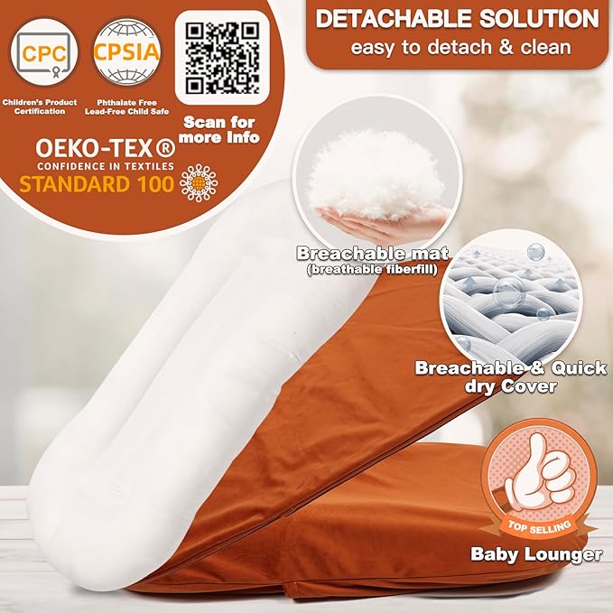 Baby Lounger - Snuggle Cozy Me Infant Lounger for Newborns | Flannel Cover, Breathable Soft, Portable Awake-Time Pad, Essential Baby Gift - Orange-CubbioJoy