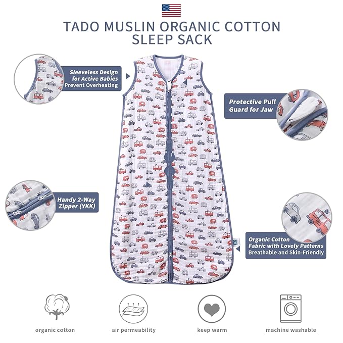 Baby Sleep Sack 2-4 T Baby Wearable Blanket 100% Organic Cotton 0.5 TOG Toddler Sleep Sacks 2- Way Zipper Soft Car 4 Layers 2T 3T 4T-CubbioJoy