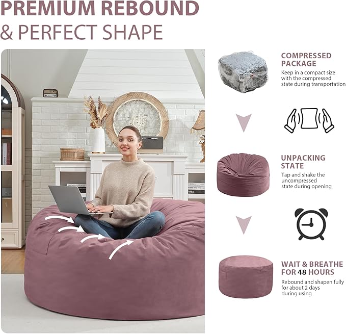 3FT Bean Bag Chair, Comfy Bean Bag Chairs with Memory Foam Filled, Fluffy Beanbag Sofa with Dutch Velvet Cover, Round BeanBag Chairs for Living Room, Playroom - Dusty Pink-CubbioJoy