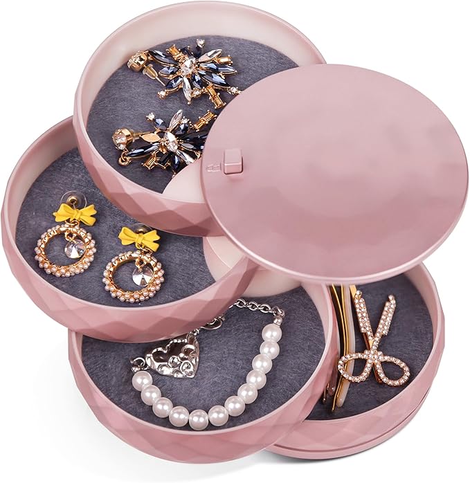 CONBOLA Travel Jewelry Case Box, Small Jewelry Organizer Earring Holder for Women, 5-Layer Rotating Jewelry Storage Tray with Lid for Bracelets Rings Bracelets-CubbioJoy