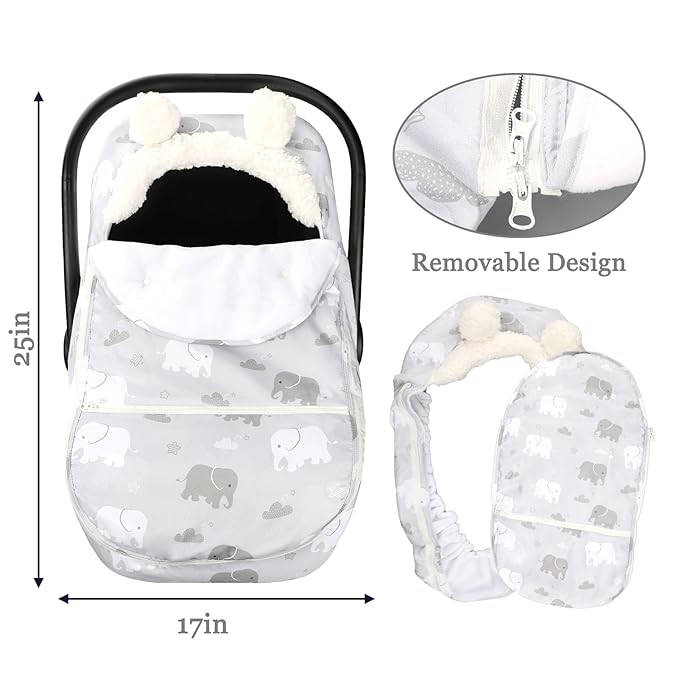 Carseat Cover Boys, Winter Cozy & Warm Cover, Elephant Baby Car Seat Cover, Infant Car Seat Canopy, Ultra-Soft Breathable Protect Baby from Cold Wind, Zipped Removable Design-CubbioJoy
