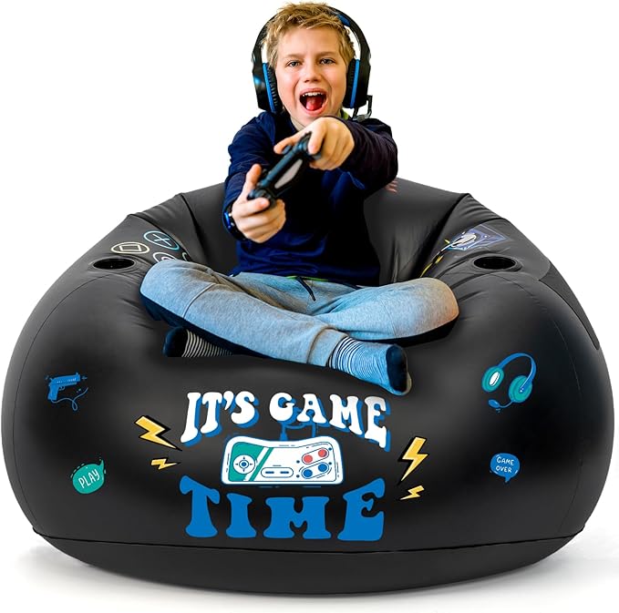 Inflatable Gaming Chair for Kids, Floor Bean Bag Chair for Teens - Boys Room Furniture with Cup Holder and Side Pocket, Inflatable Gaming Couch for Boys Room, Cool Kids Blow Up Couch Decor for Teens-CubbioJoy