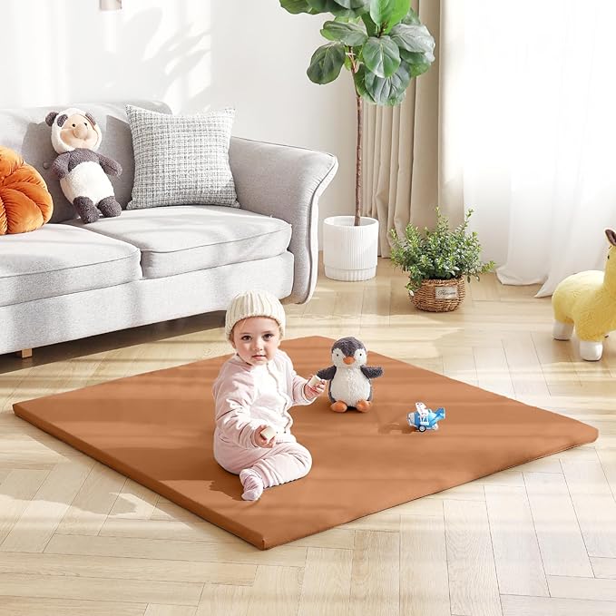 Baby Play Mat 48"x48" – Thick, Non-Slip Foam Mat for Babies and Toddlers. Foldable, Scrubbable, Odorless, and Soft, Ideal for Playpens, Crawling, and Indoor Playtime-Brown-CubbioJoy