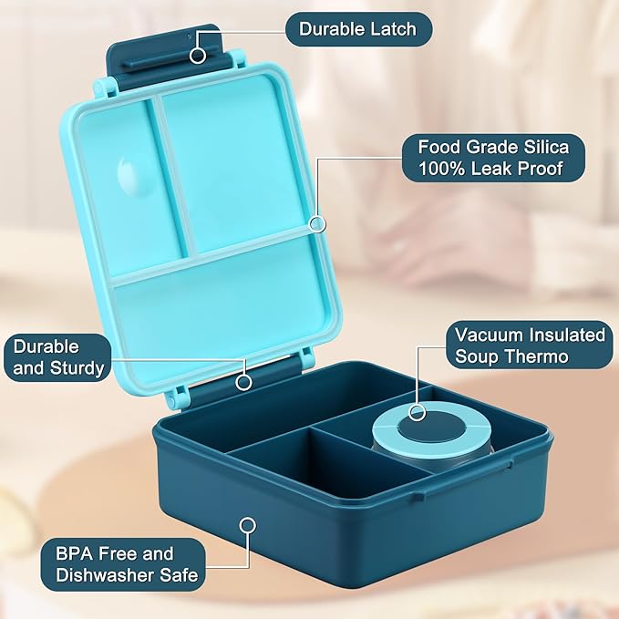 Bento Lunch Box for Kids with 8oz Soup Thermo&Lunch Bag, Leak-Proof Lunch Food Containers with 4 Compartment, Hot Food Insulated Food Jar for Kids School (Blue)-CubbioJoy