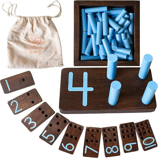 Counting Peg Board - Montessori Math and Numbers for Kids - Wooden Math Manipulatives Materials - Dark Walnut Stain-CubbioJoy