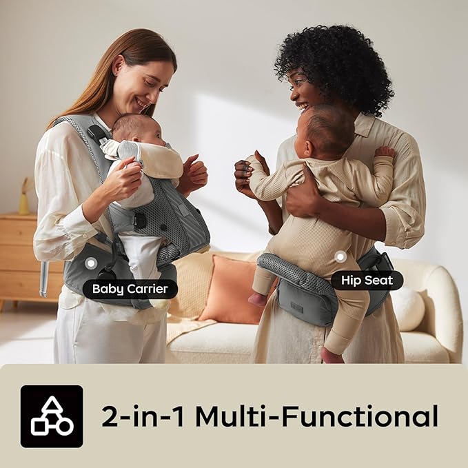 Bc Babycare Hexa Effortless Baby Carrier with Hip Seat - Ergonomic Toddler Carrier (13.2-33 lbs), Adjustable Slide Lock & Knob, Hip-Healthy Design for Parent's Back Relief, Gray-CubbioJoy