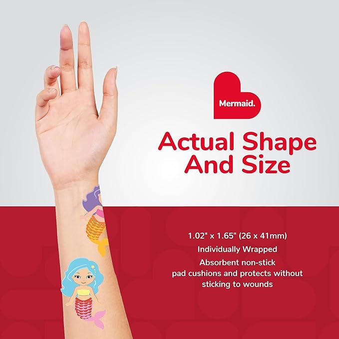 BioSwiss Bandages, Mermaid Shaped Self Adhesive Bandage, Latex Free Sterile Wound Care, Fun First Aid Kit Supplies for Kids, 24 Count-CubbioJoy