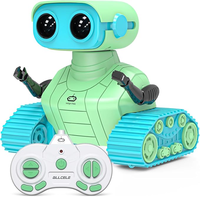 ALLCELE Robot Toys, Rechargeable RC Robots for Kids Boys, Remote Control Toy with Music and LED Eyes, Ideal Gift for Children-Green Blue-CubbioJoy