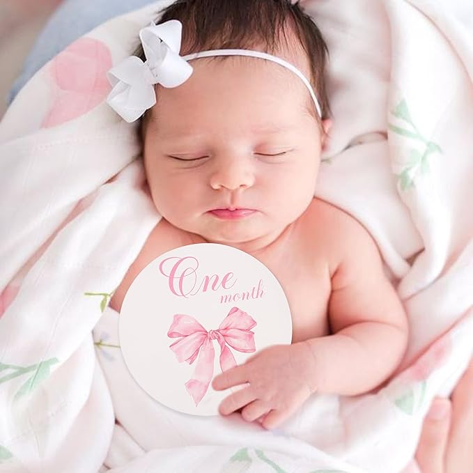 Bow Baby Monthly Milestone Markers - Baby Monthly Milestone Discs Photos,Coquette Bow Month Photo Signs,Baby’S First Year Newborn Signs for Girl (Pink)-CubbioJoy