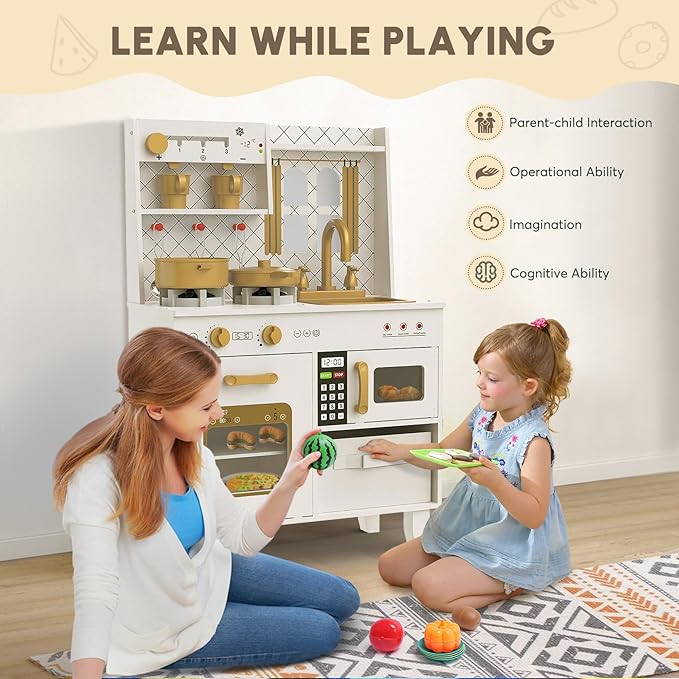 BIERUM Play Kitchen with Realistic Lights & Sounds, Wooden Kitchen Playset Chef Pretend Play Set for Toddlers, Toy Kitchen with 26 Pcs Toy Food & Cookware Accessories, Gift for Ages 3+-CubbioJoy