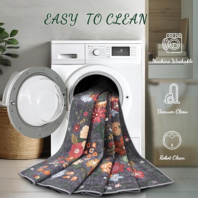 9x12 Area Rug for Living Room: Vintage Floral Washable Rug Soft Boho Non Slip Carpet Large Indoor Floor Non Shedding Low Pile Thin Carpets for Bedroom Dining Room Farmhouse Nursery Home Office Black-CubbioJoy