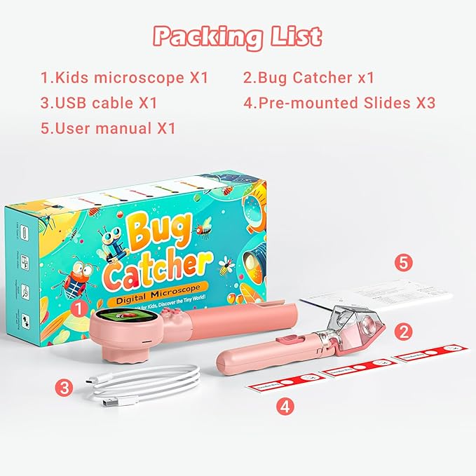 2 in 1 Kids Microscope with Bug Catcher,HD 500X Digital Microscope for Kids with 2" Screen,Photo and Video,STEM Educational Science Kit Learning Toys for Age 3-12 Girls & Boys Birthday Gifts (Pink)-CubbioJoy