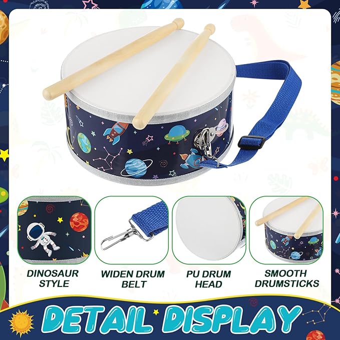 Boao 1 Pc Kids Drum Set, 8 Inch Toddler Drum Wooden Toy with Adjustable Strap and 4 Drumsticks, Educational Sensory Musical Instrument for Toddlers Kid Baby Boys Girls Gift (Space)-CubbioJoy