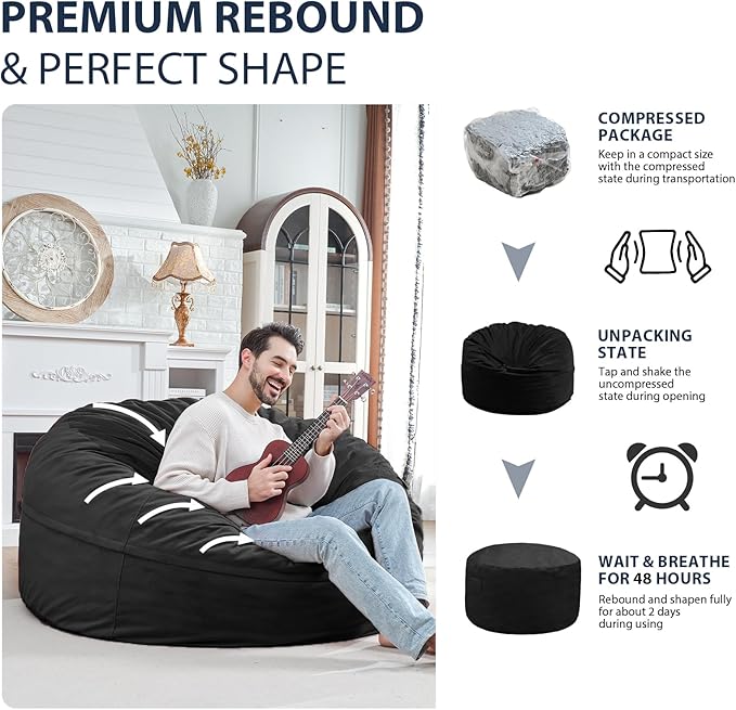 5FT Bean Bag Chair, Large Bean Bag Chairs with Memory Foam Filled, Fluffy Beanbag Sofa with Dutch Velvet Cover, Round BeanBag Chairs for Living Room, Playroom - Black-CubbioJoy