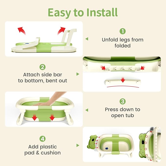 Collapsible Baby Bathtub for Newborn to Toddler (0-18 Month) - Portable Baby Bath Tub for Travel, Newborn Bathtub with Soft Towel and Floating Cushion (Green)-CubbioJoy