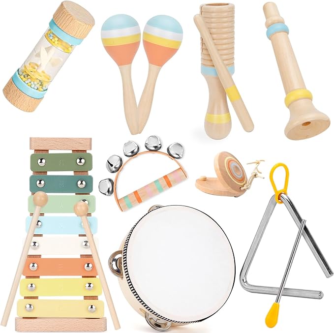 Baby Musical Instruments Set Wooden Montessori Toys for Toddlers 1-3 Percussion Instruments Set Modern Boho Music Toys for Kids Preschool Educational.-CubbioJoy