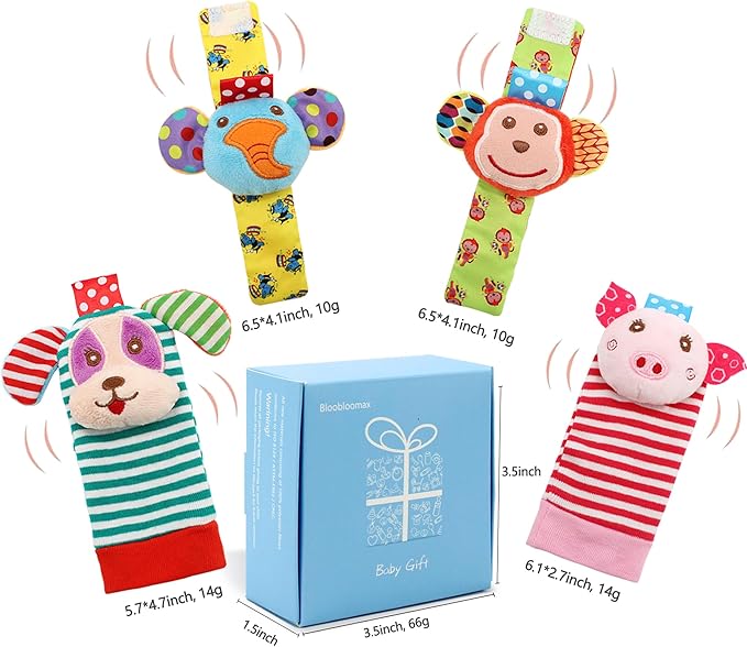 Infant Rattle Socks Toys 0 to 12 Months, Baby Wrist Rattle Foot Finder Socks Set, Birthday Holiday Present for Newborn Boy Girl 0/3/4/6/7/8/9/12/18 Months Kids Toddler, Gift Box Package (4A)-CubbioJoy