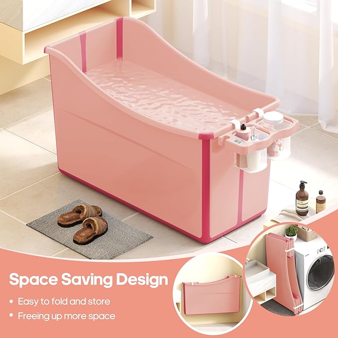 Collapsible Baby Bathtub Foldable Bathtub for Toddler Portable Large Foldable Bath Tub Bathtub for Kids Petite with Thermometer and Storage Basket (Pink)-CubbioJoy